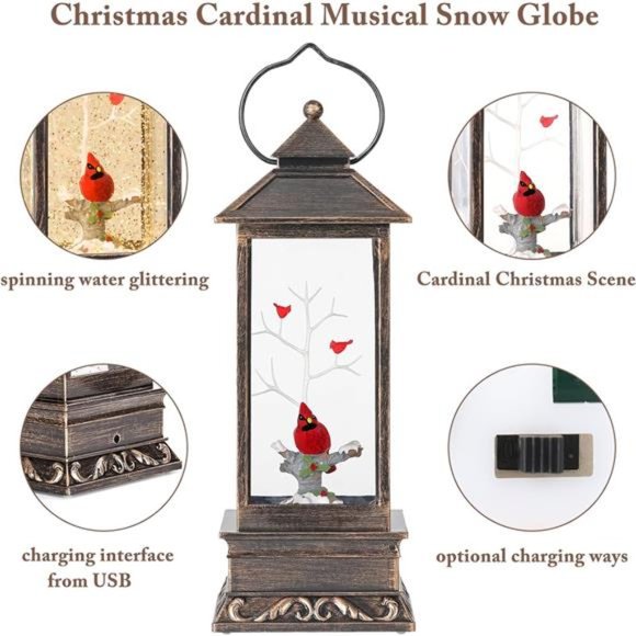 Cardinal Christmas Decor, 12 Inch Musical Snow Globe Lantern, Battery Operated - Picture 5 of 7